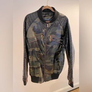 CAMO BOMBER JACKET WITH FAUX OSTRICH LEATHER SLEEVES & GOLD HARDWARE
